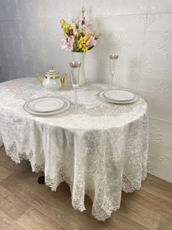 Скатертина Велюр Acme Tekstil 160x300 ovale Queen Krem PVS