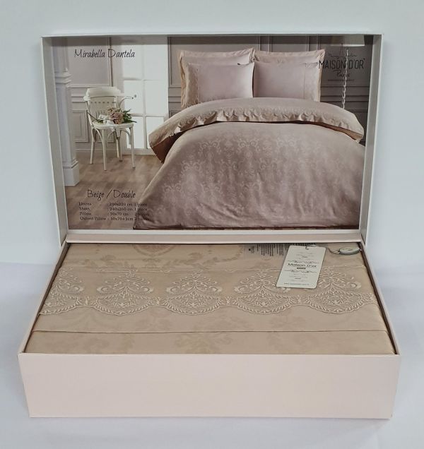 Постільна білизна Maison D'or Mirabella Dantella сатин з мереживом 200х220 Beige