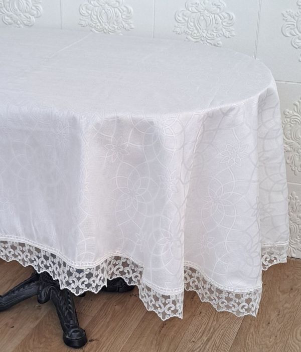 Скатертина Masali поліестер з мереживом 160х260 ovale Model 513 Cream