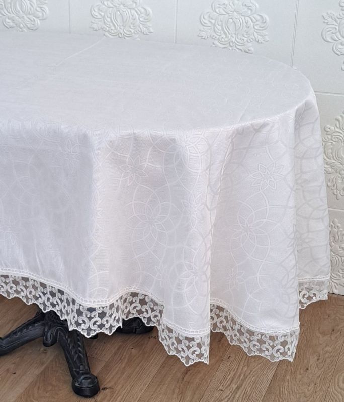 Скатертина Masali поліестер з мереживом 160х260 ovale Model 513 Cream