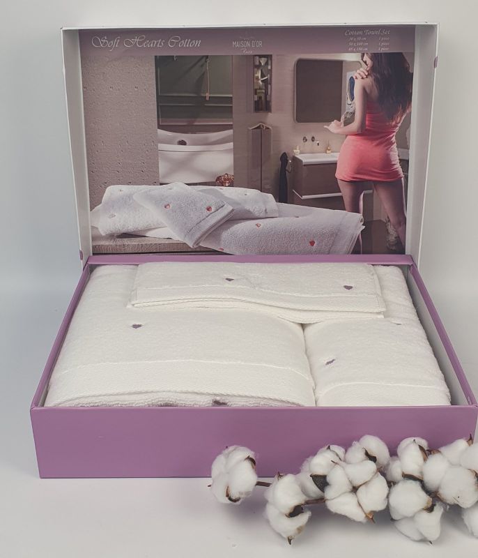Рушники Maison D'or 3шт Soft Hearts Cotton White-Dark Lilac