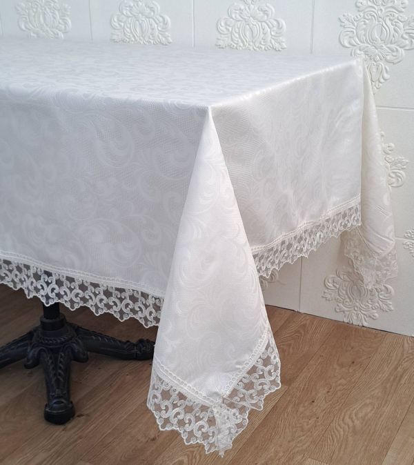 Скатертина Masali поліестер з мереживом 160х400 Model 512 Cream