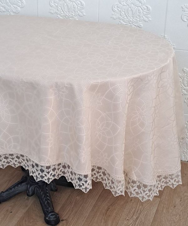 Скатертина Masali поліестер з мереживом 160х260 ovale Model 513 Cappucino
