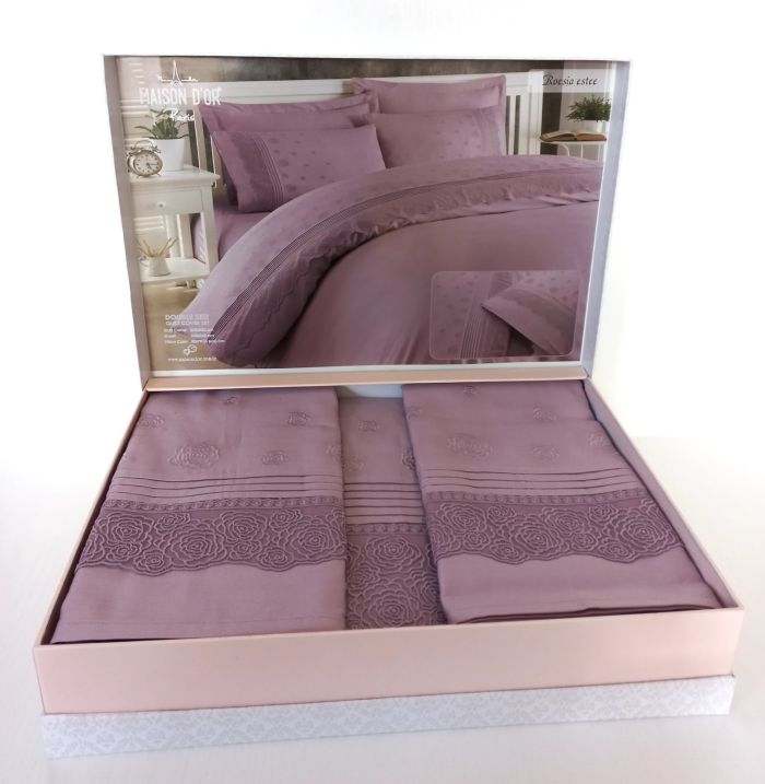 Постільна білизна Maison D'or Roesia Estee сатин з мереживом 200х220 Lilac