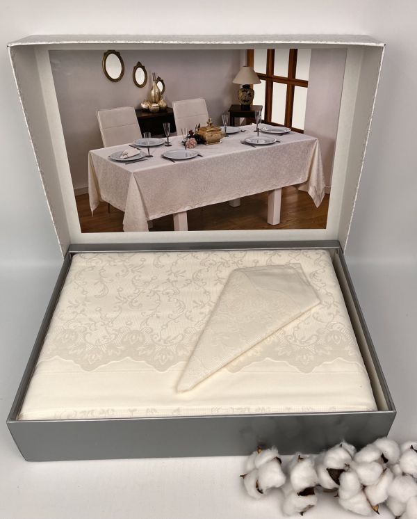 Скатертина Set Maison D'or 160х320+150x310+8psc+8psc Plain&Lace:331 DES. Ecru