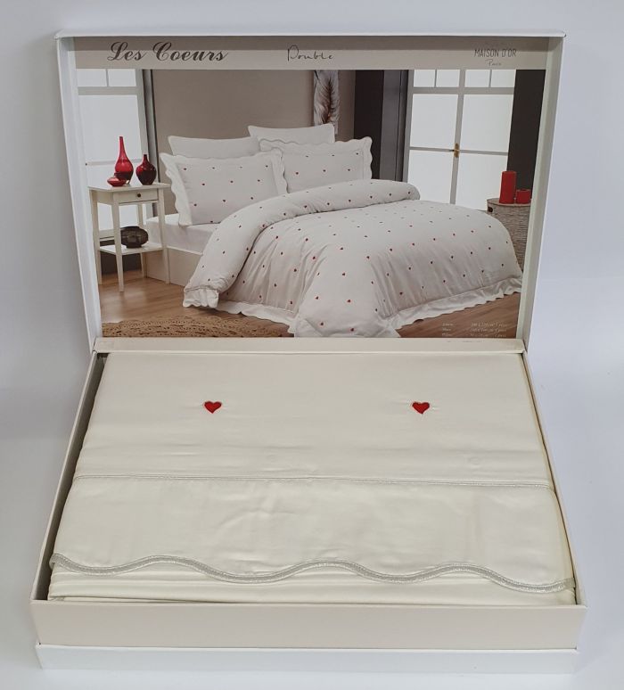 Постільна білизна Maison D'or сатин з вишивкою 200х220 Les Coeurs Ecru Red