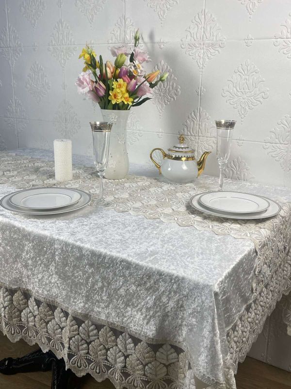 Скатертина Велюр Acme Tekstil 160x300 Lux Queen Krem-Gold PVS