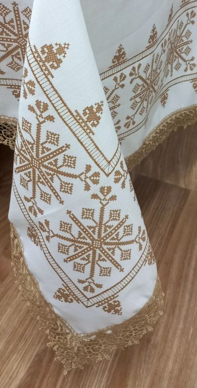 Скатертина Maison Royale льон з мереживом 160x220 Kilim Cream-Cappucino