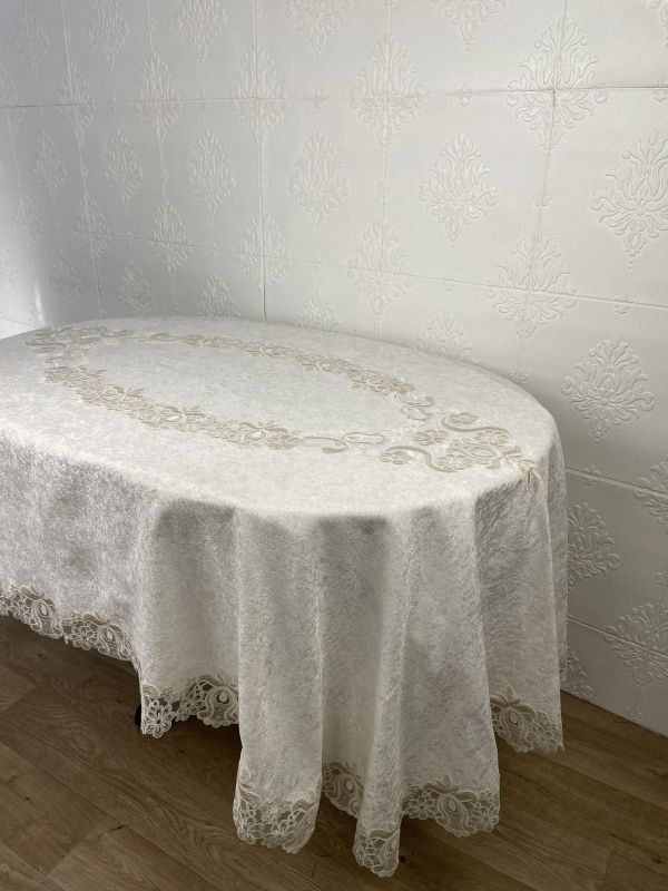 Скатертина Велюр Acme Tekstil 160x300 ovale Marguerite Krem PVS