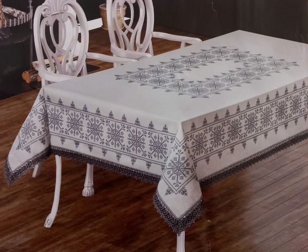 Скатертина Maison Royale льон з мереживом 160x220 Kilim Cream-Grey
