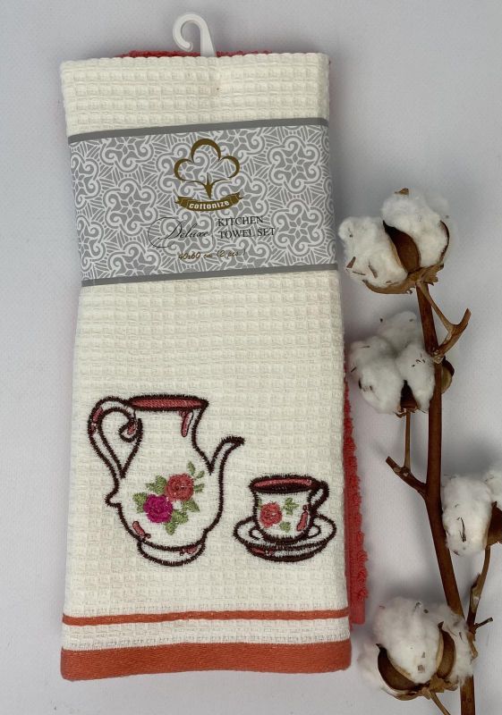 Набір кухонних рушників 2 шт Cottonize Flowers dishes Coral