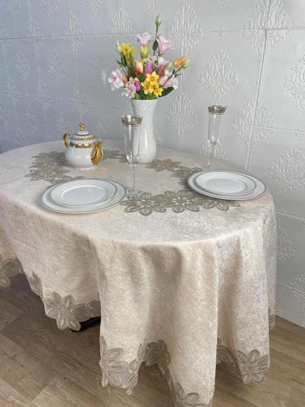 Скатертина Велюр Acme Tekstil 160x260 ovale Daisy Capiccino PVS