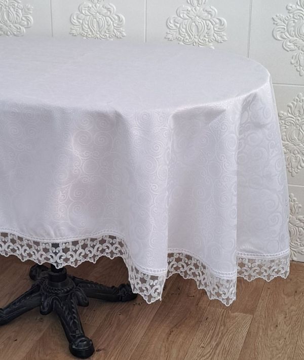Скатертина Masali поліестер з мереживом 160х260 ovale Model 515 White