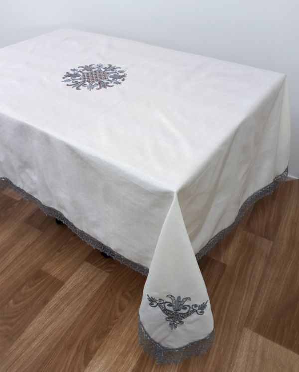 Скатертина Maison Royale льон з мереживом 160x220 Lale Cream-Grey