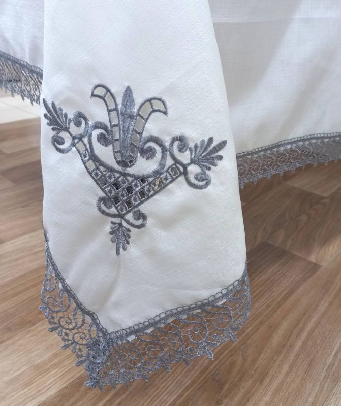 Скатертина Maison Royale льон з мереживом 160x220 Lale Cream-Grey