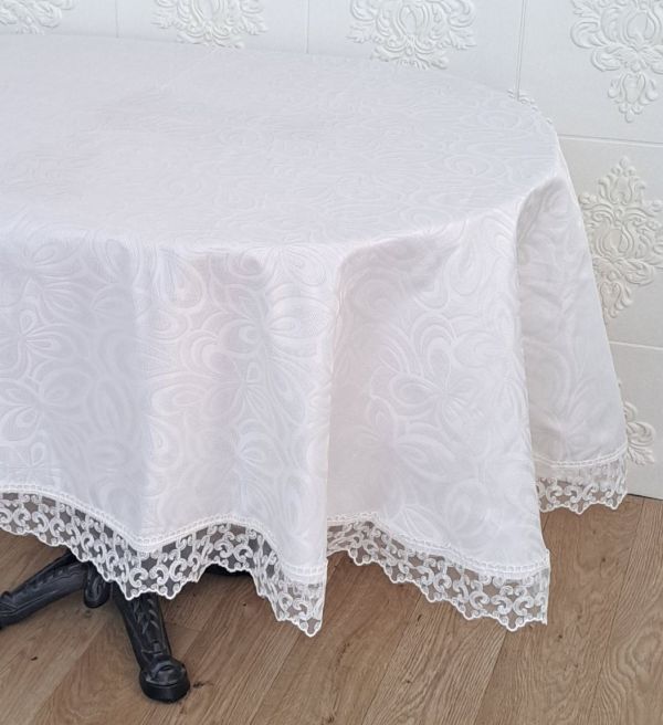 Скатертина Masali поліестер з мереживом 160х260 ovale Model 514 Cream