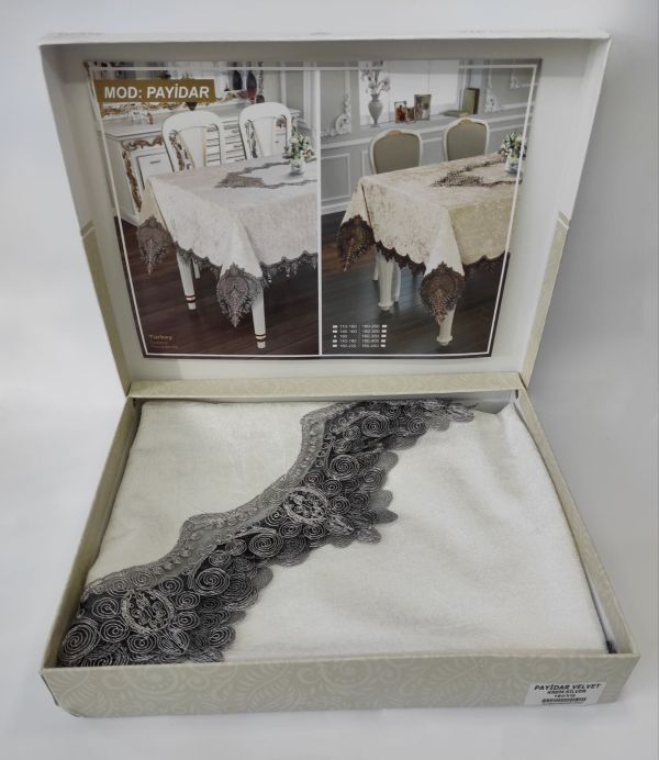 Скатертина Велюр Acme Tekstil 160 круг Payidar Cream-Silver