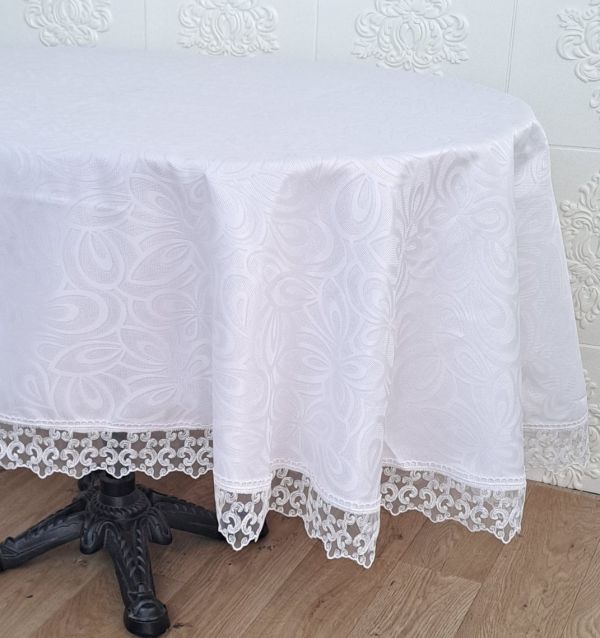 Скатертина Masali поліестер з мереживом 160х260 ovale Model 514 White