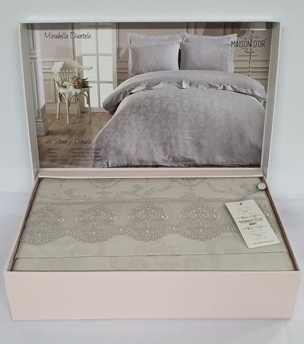 Постільна білизна Maison D'or сатин жаккард з мереживом 200x220 Mirabella Dantela Stone