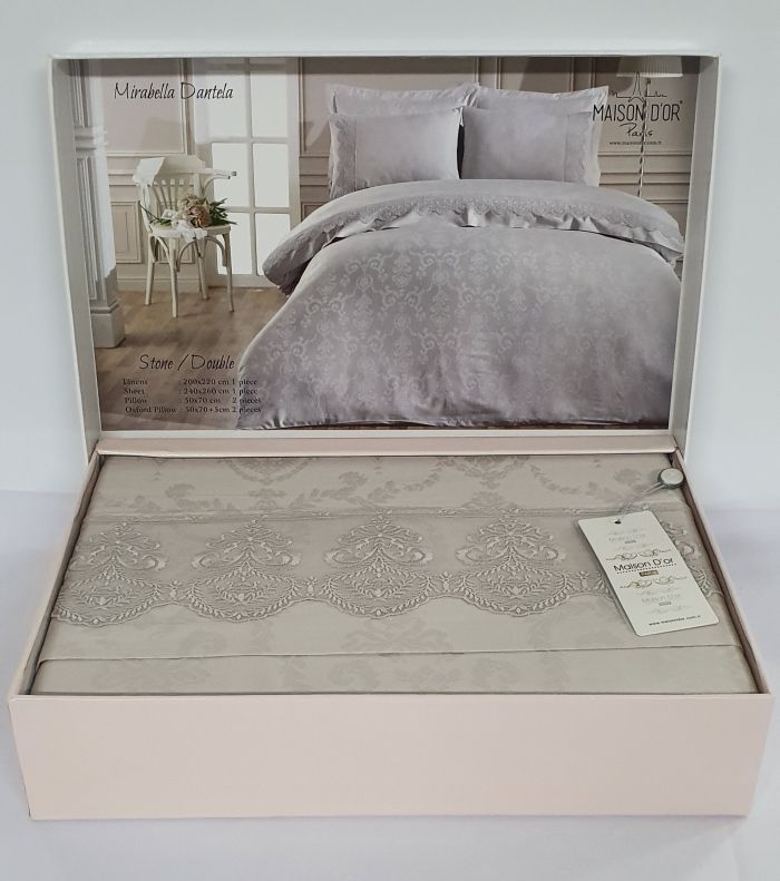 Постільна білизна Maison D'or сатин жаккард з мереживом 200x220 Mirabella Dantela Stone