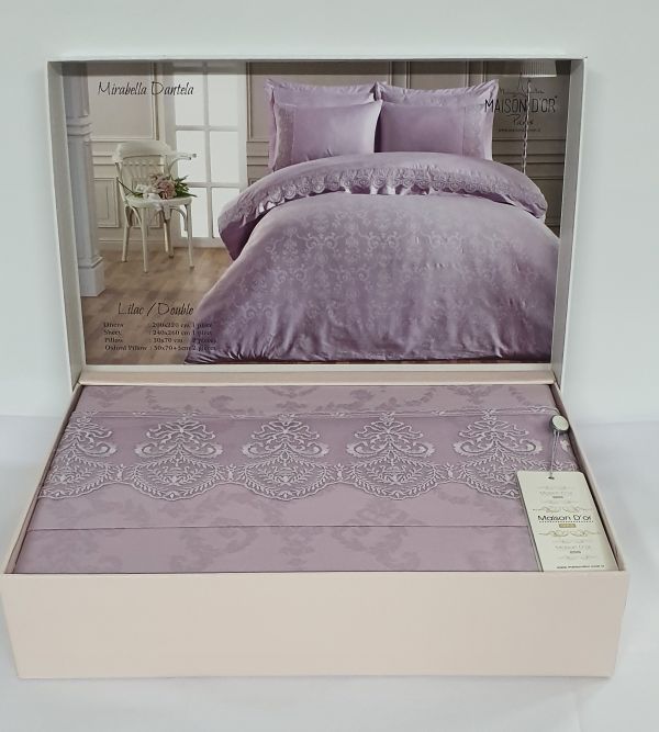 Постільна білизна Maison D'or сатин жаккард з мереживом 200x220 Mirabella Dantela Lilac