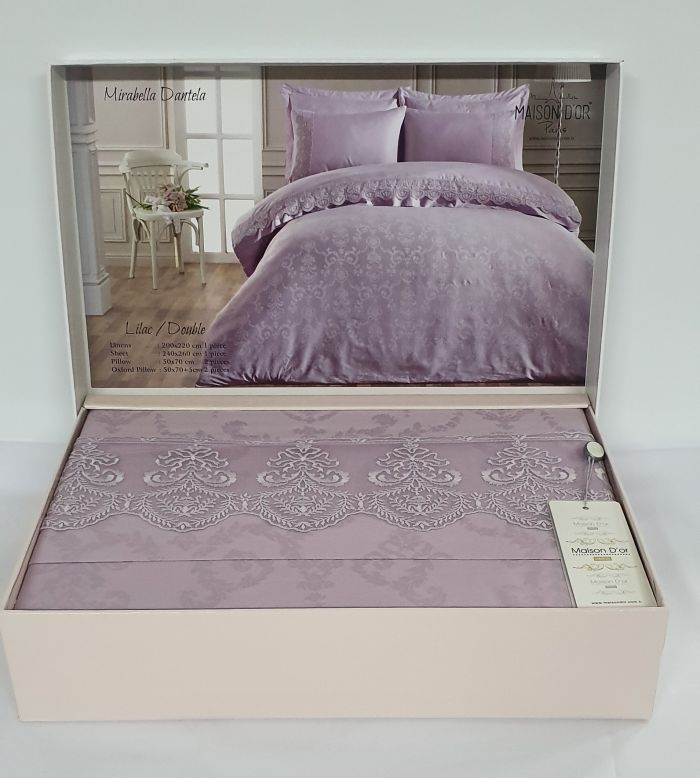 Постільна білизна Maison D'or сатин жаккард з мереживом 200x220 Mirabella Dantela Lilac