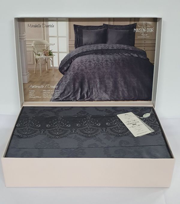 Постільна білизна Maison D'or сатин жаккард з мереживом 200x220 Mirabella Dantela Anthracite