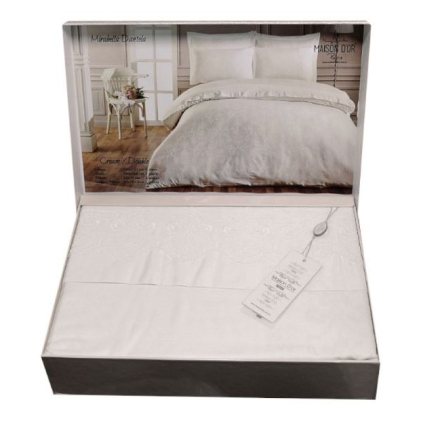 Постільна білизна Maison D'or сатин жаккард з мереживом 200x220 Mirabella Dantela Cream