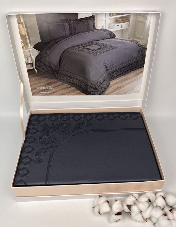 Постільна білизна Maison D'or сатин бамбук з вишивкою 200х220 Tom Ross Grey-Black