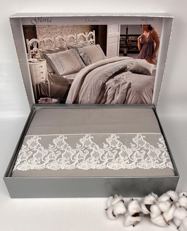 Постільна білизна Maison D'or сатин з мереживом 200х220 Gloriya Grey