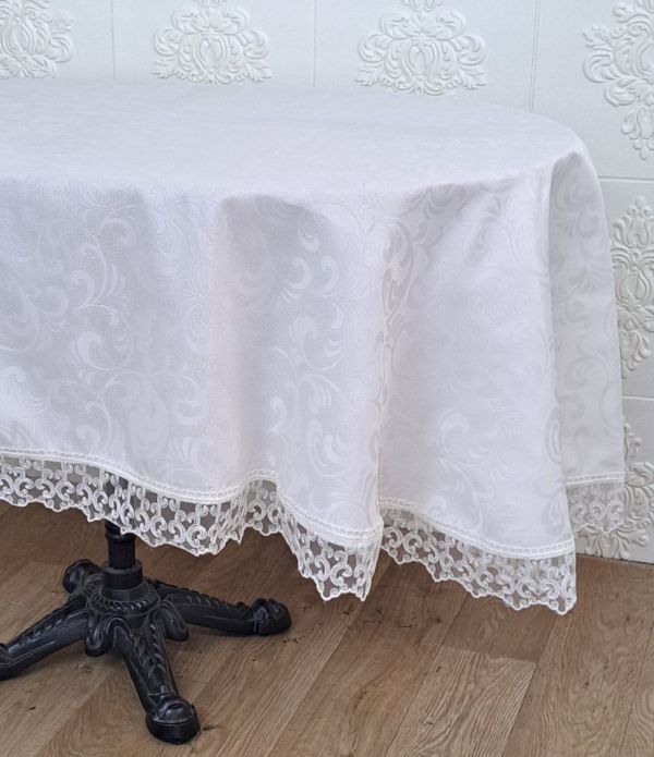 Скатертина Masali поліестер з мереживом 160х220 ovale Model 512 Cream