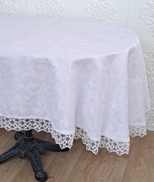 Скатертина Masali поліестер з мереживом 160х220 ovale Model 512 White
